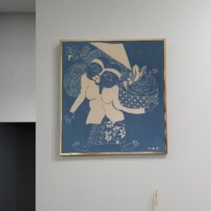 Expressive Framed Cyanoprint Made In 1981 Woman With Bird And Food Basket